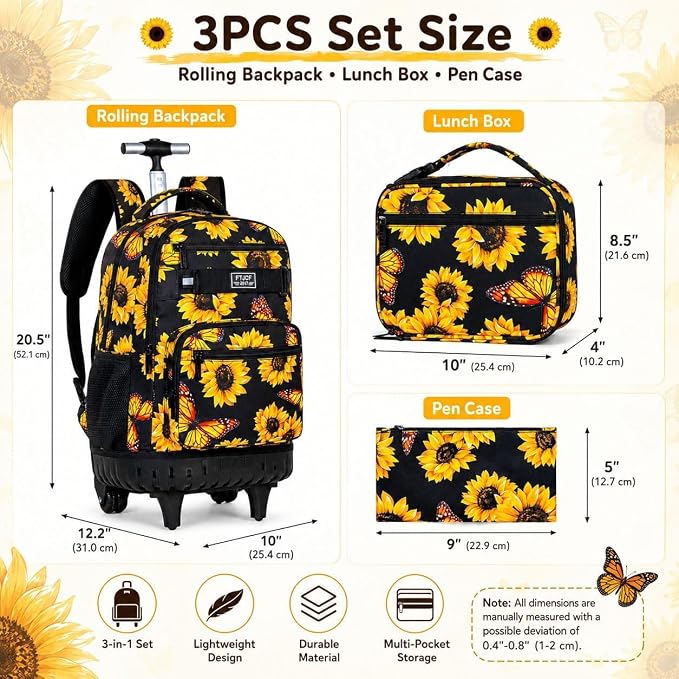 3Pcs Rolling Backpack for Girls Women, Travel Roller Backpacks with Wheels for Adults, Teens College Sunflower Wheeled Bookbag with Lunch Box(Yellow)