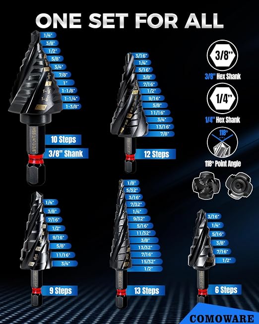 Step Drill Bit Set, 1/8~1-3/8" 5Pcs Four Spiral Flute AITIN Coated Step Bit | Versatile Size,Upgraded 3/8" Shank for Higher Torque,1/4" Hex Shank,for Metal, Stalinless Steel, Aluminum, Wood, Plastic
