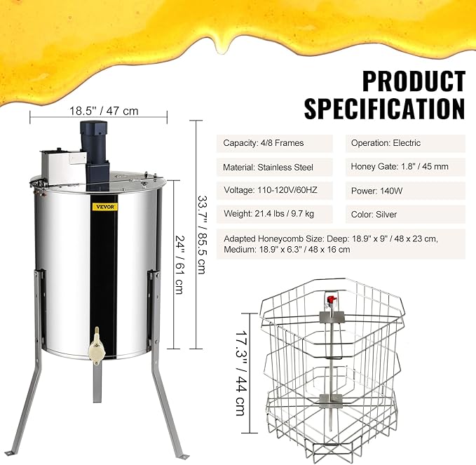 VEVOR Electric Honey Extractor, 4/8 Frame Stainless Steel Beekeeping Extraction, Honeycomb Drum Spinner with Transparent Lid, Apiary Centrifuge Equipment with Height Adjustable Stand
