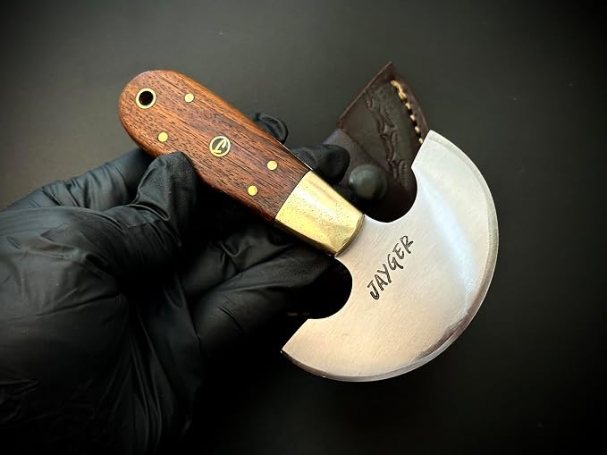 Handmade Round Head Knife | Carbon Steel | Half Moon Leather Working Knife | Wooden Handle | Skiver Knife for DIY Leathercraft | With Leather Sheath