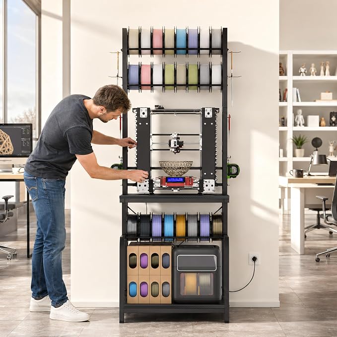 3D Printer Stand with Filament Storage,3D Printer Table with Power Outlets,Sturdy Double-Layer 3D Printer Workstation,for Workshop,Studio,Home Office and 3D Printing Enthusiasts,Carbon Fiber