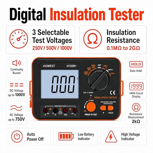 AIOMEST Digital Megohmmeter Megaohm Meter with 250V/500V/1000V Test Voltage Testing Insulation Resistance IR 0.1MΩ~2GΩ, Measure AC DC Volt Ohm, Continuity Tester, Megaohmeter w/Over-Range Indicator
