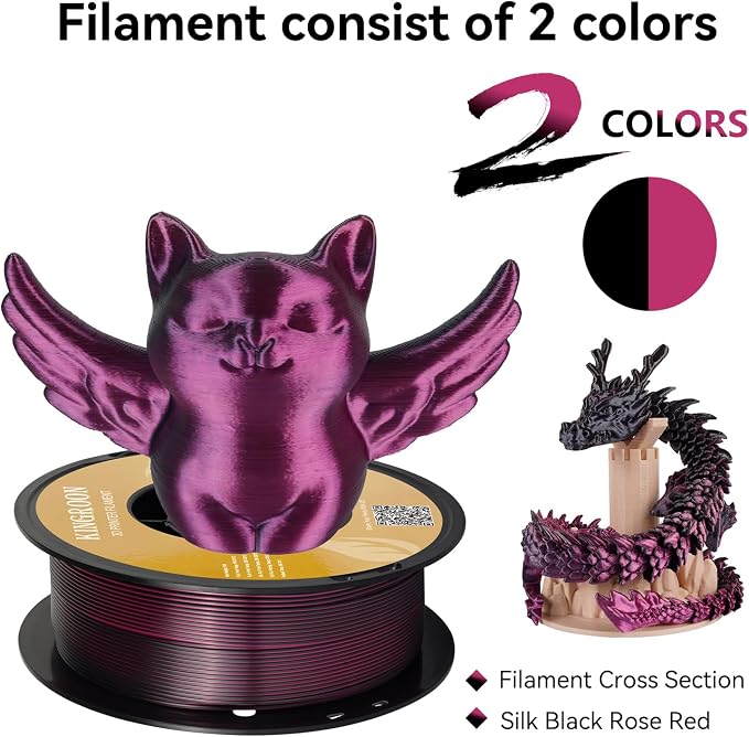 Kingroon PLA 3D Printer Filament, Dual Color Silk PLA Filament, Dimensional Accuracy +/- 0.03 mm, 1kg Spool(2.2lbs), 1.75 mm, Black Red