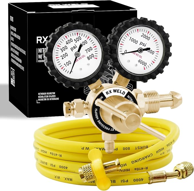 RX WELD Nitrogen Regulator, 0-800 PSI, CGA580 Inlet, 1/4" Flare Outlet | 5FT Hose Included. Output: Adjustable 0-650PSI.