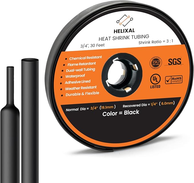 3/4" Heat Shrink tubing, 3:1 Ratio Wire Heat Shrink Tubing Industrial and Marine Grade, Dual Wall Adhesive Lined Wire Shrink Wrap Tubing, Waterproof Heat Shrink Tube - Black-30 Feet Roll
