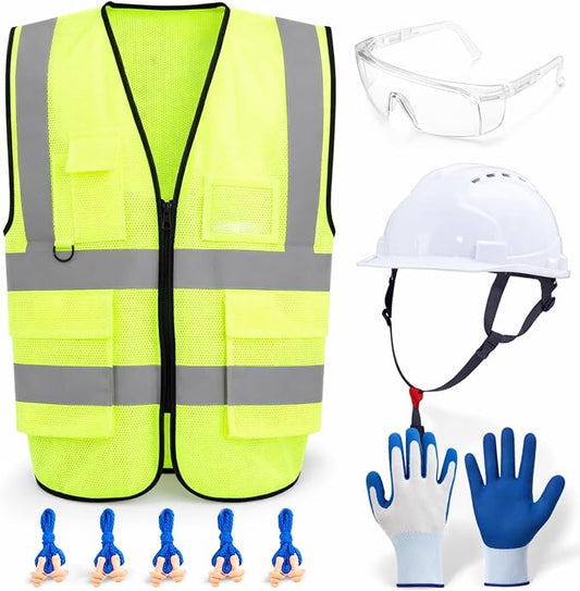 Cuffbow 9 Pcs XL Personal Protective Equipment (PPE) Safety Kit Includes Safety Glasses, Earplugs, Hard Hat, Nitrile Gloves, Reflective Vest for Construction Site Protection, Warehouse Operations