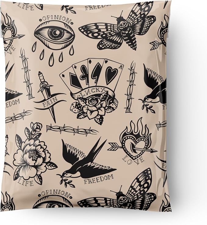 Package Mint Poly Mailers 10x13-100 Pack Vintage Tattoo Design Poly Mailer Shipping Bags - Waterproof, Tear-Resistant, Self Adhesive Seal - Decorative Mailing Bags for Clothes and Accessories