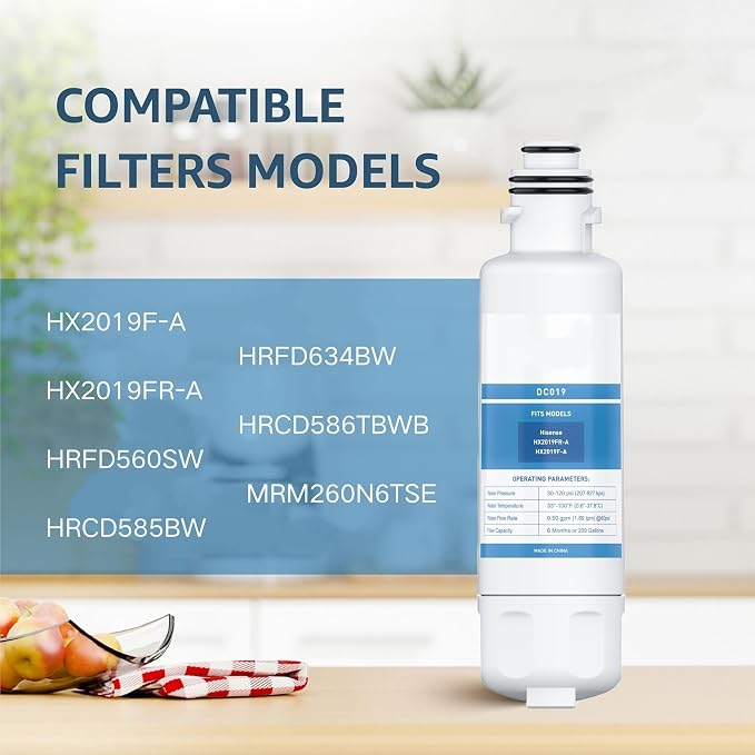 HX2019FR-A, HX2019F-A Water Replacement, Compatible With Hisense HRM260N6TSE, HRFD560SW, HRCD585BW, HRCD650BW, HRFD634BW, HRCD586TBWB and Mora MRM260N6TSE, 2 PCS