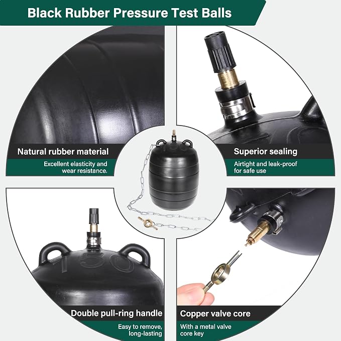 Upgraded 3PK Inflatable Pipe Plug Balloon Kit(2",3",4") with Fast Air Pump & Extension Hose, Rubber Sewer Test Balls with Safety Chain & Valve Tool for Plumbing Pressure Testing/Drain Blocking