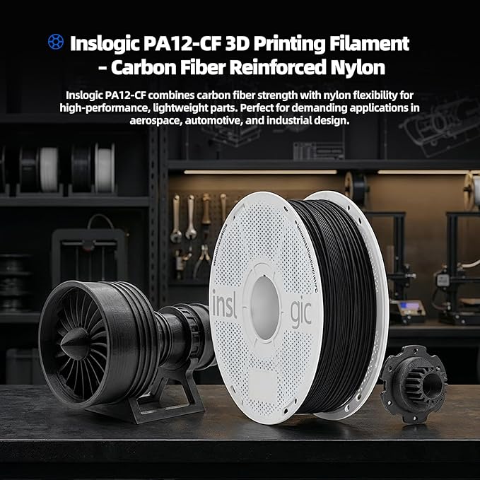Inslogic PA12-CF Carbon Fiber Nylon Filament 1.75mm Black 0.5kg Spool, Carbon Fiber Reinforced PA12 Filament, Low Warp & Wear Resistant for End-Use Parts & Automotive Components