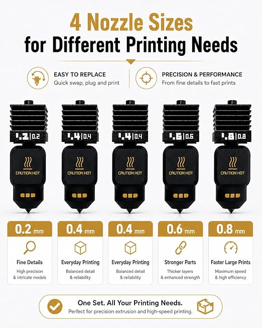 5 Pack Hotend Nozzle Kit with 0.2/0.4/0.4/0.6/0.8MM Bambu Lab H2D/H2S/H2C Combo/X2D/P2S/A1/A1mini 3D Printer, Hardened Steel Quick Swap Nozzle Replacement, High Temperature Extruder Parts