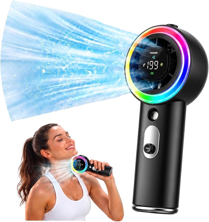 Portable Handheld Turbo Fan with Mist, Ice Cooling Powerful Fan 26000 RPM, 1-199 Speed Adjustable Personal Fan, Dynamic RGB Light, Flashlight, LED, 5000mAh Battery for Travel Office, Home and Outdoor
