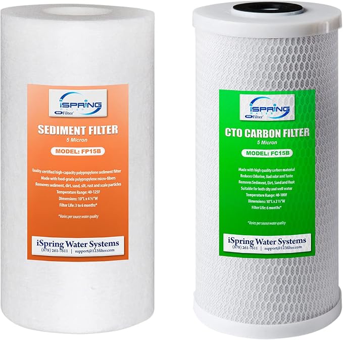 iSpring Whole House Water Filtration 4.5"x10" Sediment & CTO Carbon Block Replacement Filter Cartridge Pack Set WGB21B FP15B