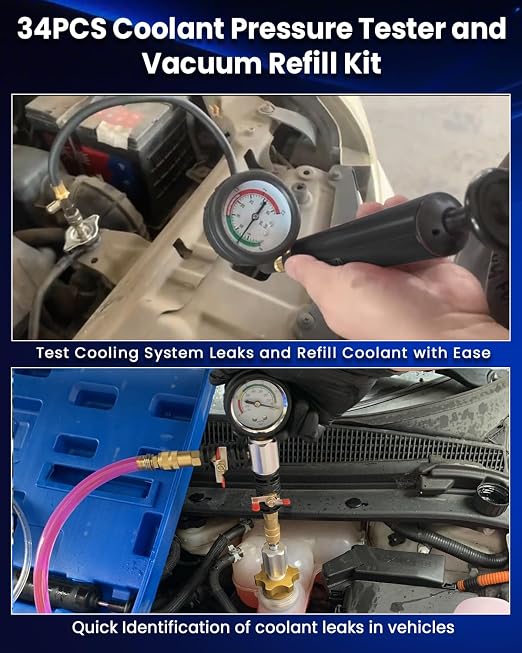 SIXIWANZI 34pc Coolant Pressure Tester and Vacuum Refill Kit with 25 Radiator Adapters, Universal Radiator Pressure Tester Kit for Automotive Cooling System Water Tank Leakage Detection