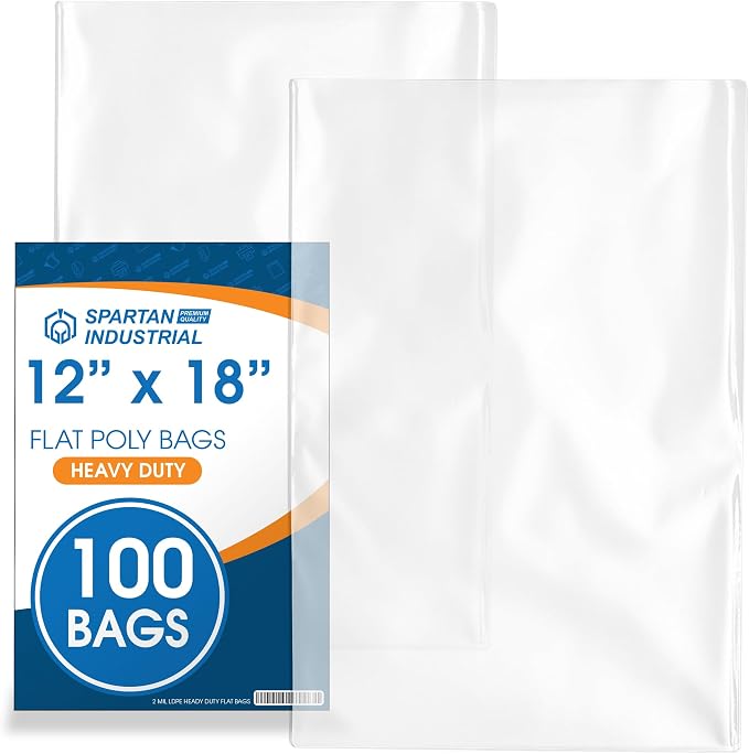 12" X 18" Open-End Flat Poly Bags (100 Count) - 2 Mil Plastic Clear Bags for Packaging, Shipping, Storage - No Adhesive Strip - Spartan Industrial