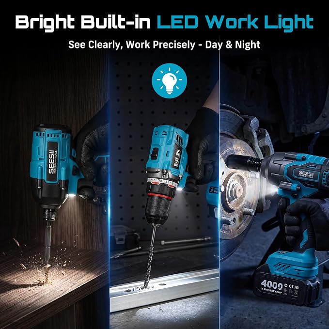 Seesii Power Tool Combo Kits,1000N.m Impact Wrench1/2, 3/8" 180N.m Impact Driver and 1/4" 50N.m Impact Drill, Brushless, 2 * 4000mAh Bartteris,Fast Charger,Impact Gun For Car Home DIY