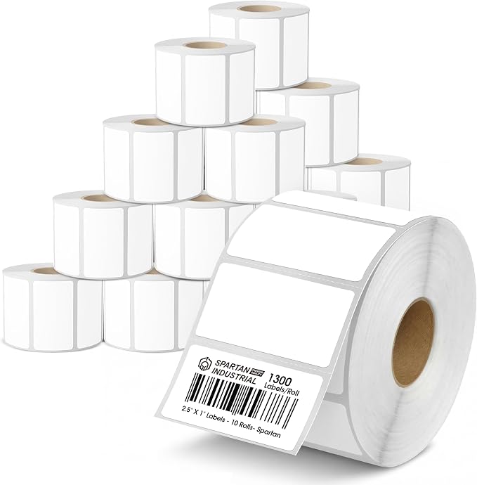 Spartan Industrial - 2.5" X 1" Direct Thermal Labels (13000 Count, 10 Rolls) - SKU and Barcode Labels, Thermal Sticker Roll for Product Identification - Compatible with Zebra and Rollo Printers