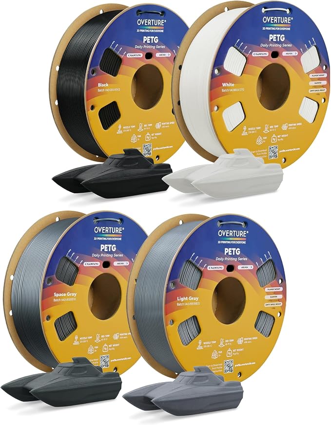 OVERTURE PETG Filament 1.75mm Bundle 4kg, High Speed 3D Printer Filament, Neatly Wound & Clog-Free, 4 Pack 1kg(2.2lbs), Accuracy +/- 0.02mm, Fit Most FDM Printers (4 Color)