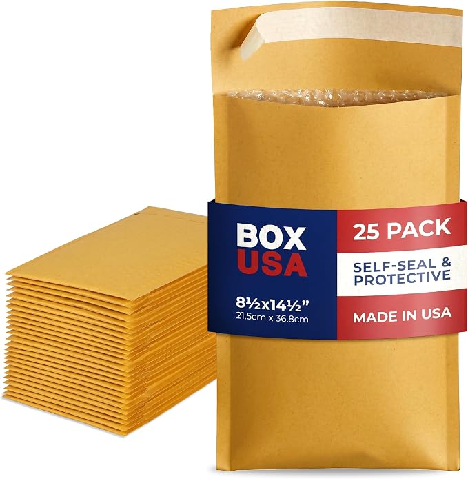 BOX USA 8 1/2 x 14 1/2" Kraft Bubble Mailers (25-Pack) - Brown Padded Envelopes, Self-Seal Shipping Bags for Small Business, Heavy Duty Cushioned Mailing Envelopes for Packaging and Shipping