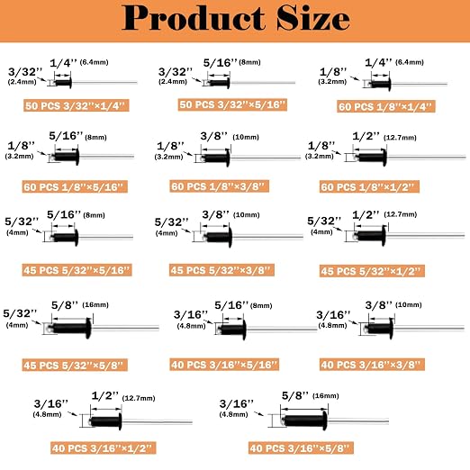 Pop Rivet Gun with Pop Rivets Assortment Kit,1000PCS 21 Sizes Black Pop Rivets, Large Flange Rivets, Washers for DIY/Automotive Repairs/Furniture,Packed in Portable Toolbox
