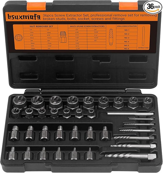 36Pcs Bolt Extractor Set and Spiral Screw Extractors, 2-in-1 Multi-Spline Screw Extractors, Stripped Screw Remover for Damaged, Frozen, Studs, Rusted, Rounded-Off Bolts, Nuts & Screws