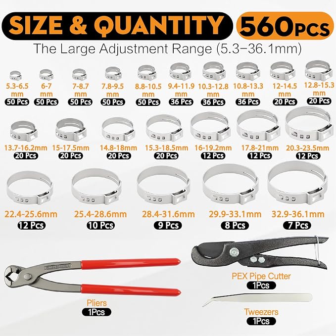 560Pcs 22-Sizes Single Ear Hose Clamps 5.3-36.1mm Stepless 304 Stainless Steel Assortment Kit with Ear Clamp Plier,Pipe Cutter and Tweezers for Automotive,Home Appliance,Fuel Line Pipe,and Industrial