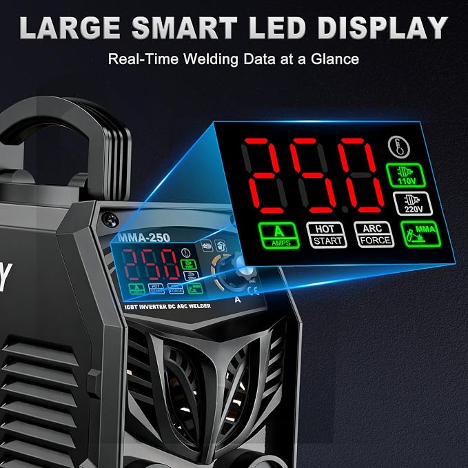 Stick Welder, 250Amp ARC Welding Machine with Large LED Display, Dual Voltage 110V/220V IGBT Inverter Portable Welder w/10 Rods, Ground Clamp, Electrode Clamp, Hot Start, Arc Force, Anti-Stick(Black)