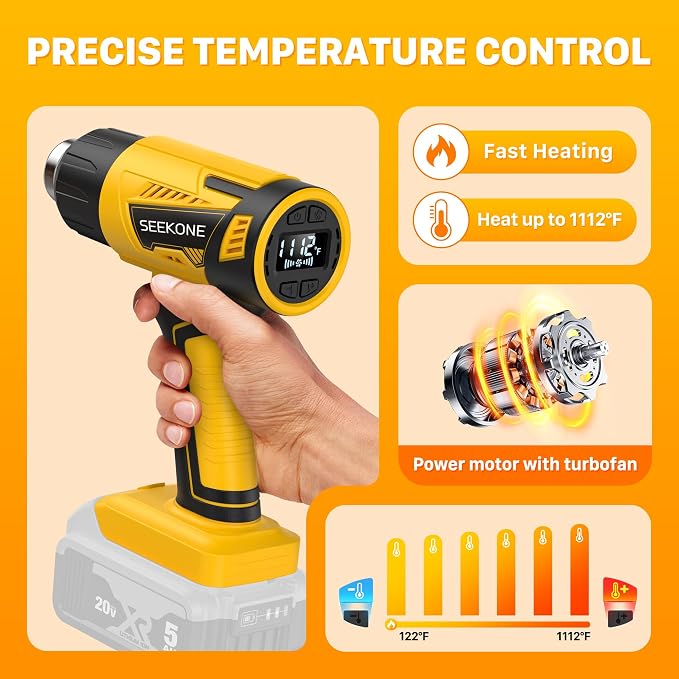 SEEKONE Cordless Heat Gun with LCD Variable Temperature Control 122℉-1112℉, Compatible with Dewalt 20V Battery, Hot Air Gun with Memory Function and 3 Nozzles for Crafting, Vinyl Wrap and 3D Printing