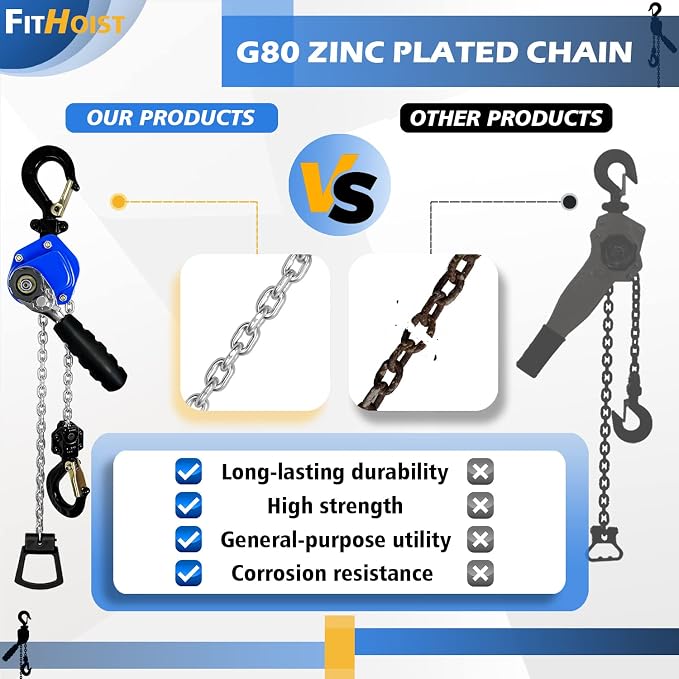 Mini Chain Hoist 1/2 Ton 1100Lbs Capacity 5Ft Lift Manual lever chain hoist Alloy Steel G80 Chain 2 Heavy Duty Hooks, for Garages Warehouse Automotive Machinery