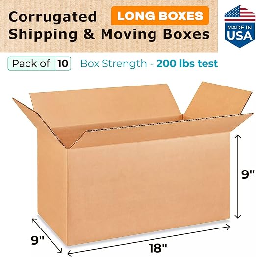 Long Moving & Shipping Boxes 18x9x9 inches (10-Pack) - Extra Strength 200 lb vs Regular - USA-Made Corrugated Strong Packing Boxes for Moving - Heavy Duty Box - Long Box for Shipping by IDL Packaging