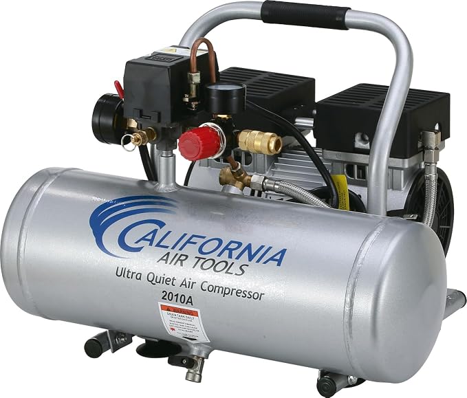 California Air Tools 2010A 1.0 HP Ultra Quiet and Oil-Free Air Compressor, 2 Gallon Aluminum Tank, 60 dBA Noise Level, Silver | 1.0 HP, Ultra Quiet and Oil-Free, 2 Gallon Aluminum Tank, 60 dBA Noise Level