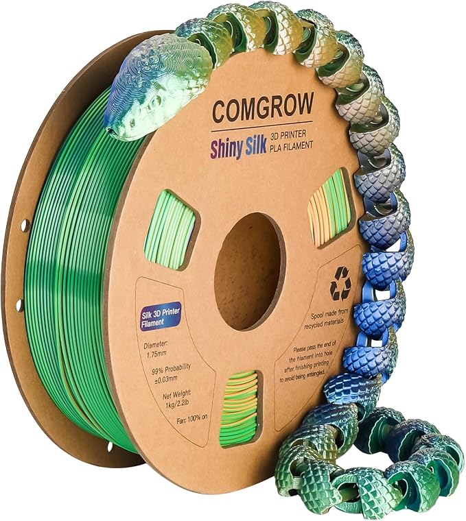 Comgrow Tri-Colors Silk PLA 3D Printer Filament, Rainbow PLA Filament 1.75mm, Dimensional Accuracy +/- 0.02 mm, 1KG Spool, Coextrusion 3D Filament with Shiny Silk Blue-Green-Orange