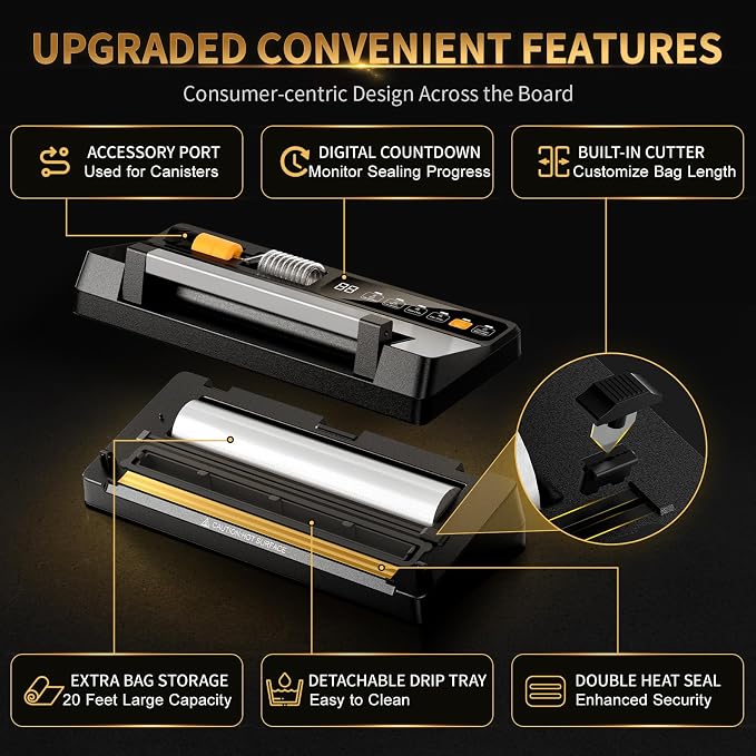Next-Gen Vacuum Sealer Machine, Food Vacuum Sealer with Powerful Suction Pump, Dual-System for Valve&Textured Bags, Canisters & Marinate, Dual-Heat Seal for Dry&Moist Food, Built-in Cutter&Bag Storage