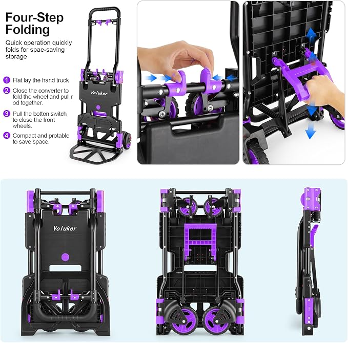330LB Folding Hand Truck Moving Dolly, Hand Trucks Heavy Duty Combination of 4 Wheels and 2 Wheels Convertible Dolly Cart with Retractable Handle Dolly for Moving Office Carts(Purple)