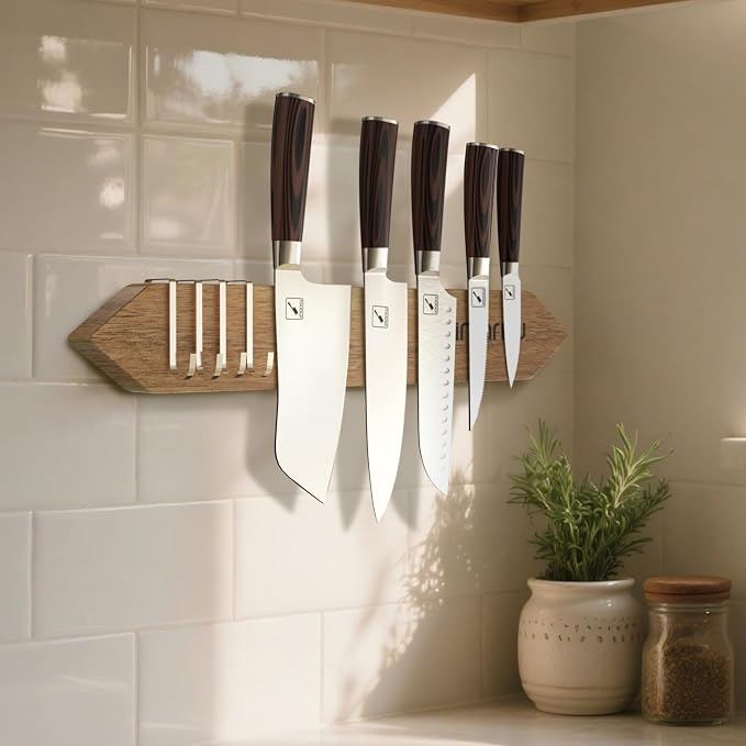 imarku 16 Inch Magnetic Knife Strip, Acacia Wood Knife Holder for Wall, Heavy Duty Magnet for Quick Access & Secure Grip, Space Saving Kitchen Utensil Rack with 4 Hooks