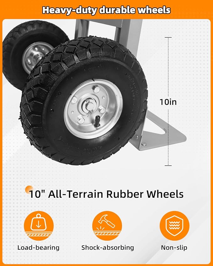 2 in 1 Hand Truck, 600 Lbs Capacity, Dolly Cart with Wheels 10" All-Terrain Tires, Heavy Duty Alloy Steel Dolly with Dual Handles, 2 Bungee Cord for Warehouse, Home, Office, Dormitory, Silver