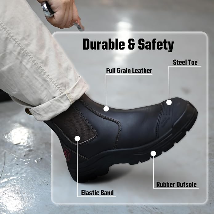 ROCKROOSTER Bakken - 6 inch Steel Toe Anti-fatigue Leather Slip On Safety Work Boots for Men AK229 (EH Rated Rubber Outsole, Dark Brown)
