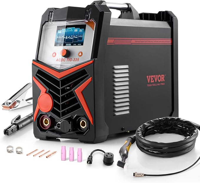 VEVOR TIG Welder, 225A 6-In-1 Aluminum Welding Machine (Large LED Display)- AC TIG/DC TIG/AC Pulse TIG/DC Pulse TIG/Spot TIG/MMA(Stick), 110&220V Dual Voltage Electric Welder with IGBT Inverter