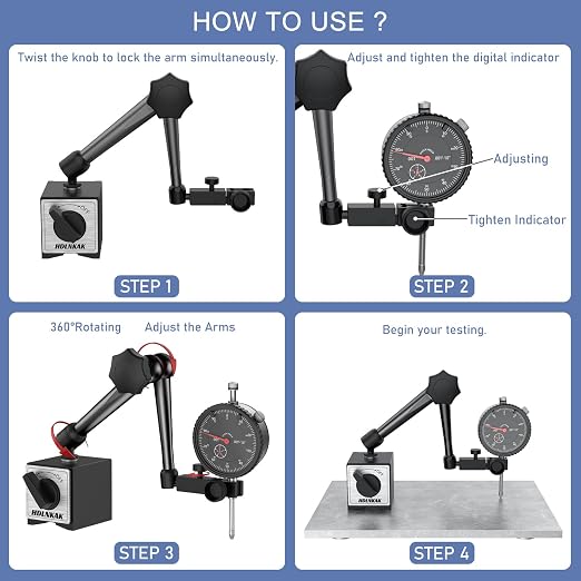 HDLNKAK Dial Indicator Gauge and Magnetic Base, 0-1"/0.001"Dial Indicator with 176lbs (80kg) Max Pull Magnetic Base, Measuring Tool for 3D Printer, Table Saw Measurement, Auto Repair and CNC Machine