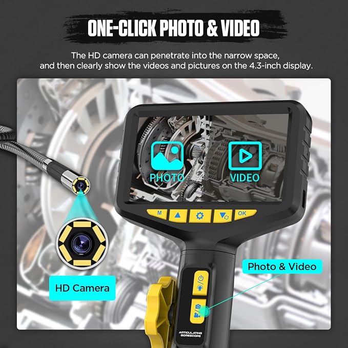 SVB305 Two-Way 210° Articulating Borescope, 4.3" IPS HD Endoscope with Light, IP67 Waterproof 3FT Flexible Cable, 32GB SD Card & 2000mAh Battery, for Automotive/Mechanical/Pipeline Inspections