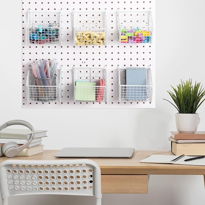 Reallnaive 6 Pack White Pegboard Baskets Metal Wire Shelf Baskets 5.1 x 5.1 x 3.5 in Peg Board Organizer Accessories Wall Mount Organizer Bins for Tool Storage Craft Room Garage Small Parts Workbench
