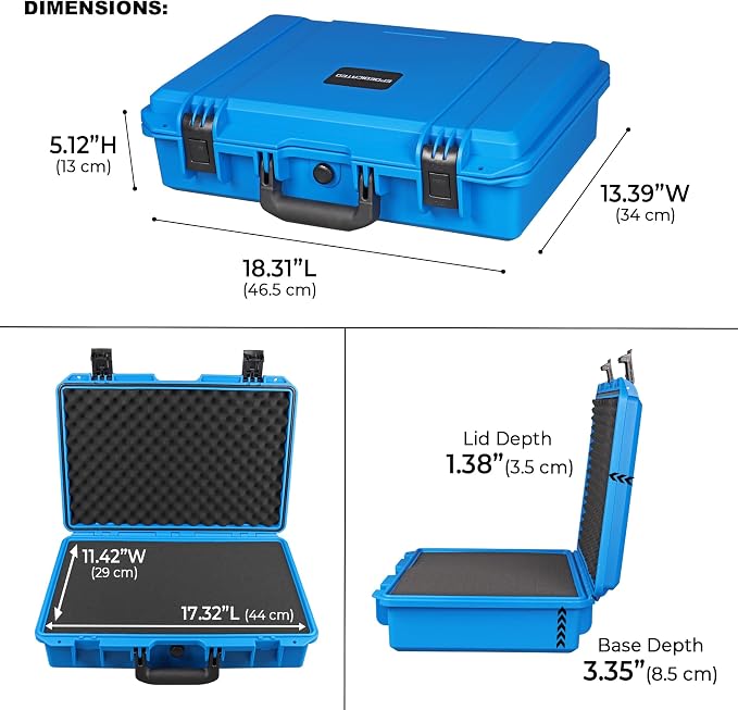 IP67 Waterproof Protective Hard Case with Custom Foam Insert, 18", Blue | For Technicians, Photographers And Field Work; Fits Tools, Cameras, Drones, Audio Gear, Electronics And Test Instruments