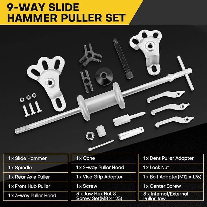 9-Way 2/3 Jaw Bearing Hub Gear Seal Remover Tool, 19pc Heavy Duty Slide Hammer Puller Kit