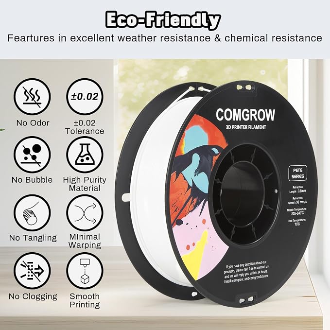 Comgrow PETG 3D Printer Filament 1.75mm, High Precision and Tough 3D Printer Filament 2kg (4.4LBS), Dimensional Accuracy +/- 0.02 mm, Fit Most 3D Printers White+Grey