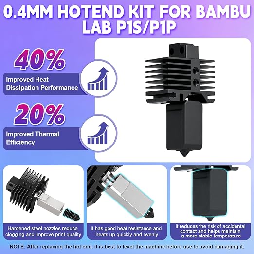 Hotend Kit for Bambu Lab P1P/P1S, 3D Printer Hot End Replacement with Hardened Steel Nozzle 0.4mm, High Speed & Temperature Extruder Heating Block Hot End for Bambu Lab P1 Series 3D Printers