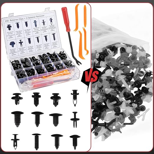 245Pcs Car Retainer Clips & Tools All-in-One Kit - 240 Black Push Pins (12 Sizes) with 5 Orange Pry Bars Stored Inside Box. Portable Bumper Fender Fastener Set for GM Ford (245Pcs)