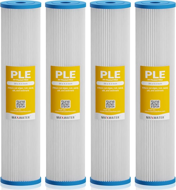 Max Water 5 Micron 20 x 4.5 Whole House Pleated Sediment Water Filter Replacement Cartridge for Well Water Filtration
