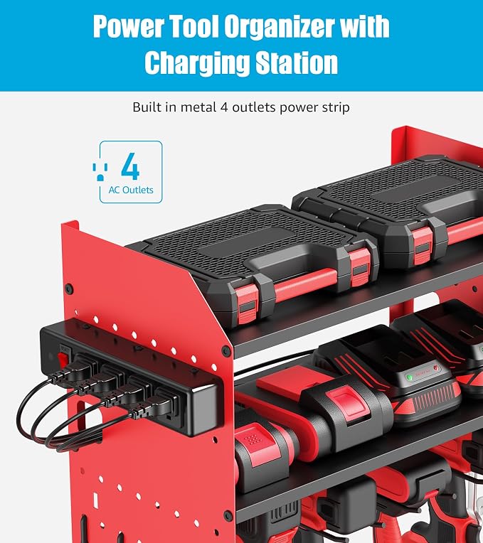 CCCEI Modular Power Tool Organizer Wall Mount with Charging, Red, 1 Pack | Drill & Battery Storage Rack with Peg Hooks, Garage Workshop, Gifts for Men, Husband, Anniversary, Birthday