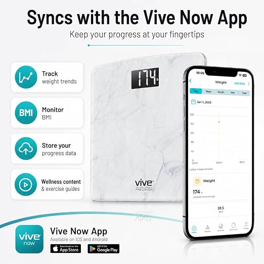 Vive Smart Body Weight Scale (550lbs Capacity) - Heavy Duty Bariatric Digital Scale for BMI - Plus Size, Large Display - Bathroom Device for Health Extra Wide Base & Smartphone Connectivity
