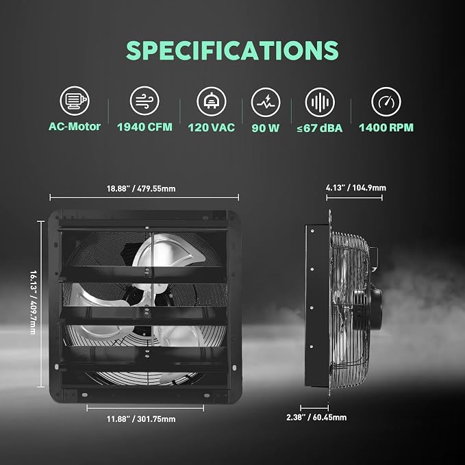 YOZON 16" Shutter Exhaust Fan with Speed Controller, Wall Mounted Wall Exhaust Fan, Automatic Shutter, High Speed, 1940CFM, Vent Fan for Garage, Greenhouse, Shed, Warehouse and Workshop - Black